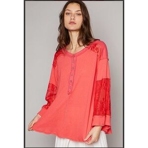 POL. ❤️ Bright Coral Lace Sleeve Top
